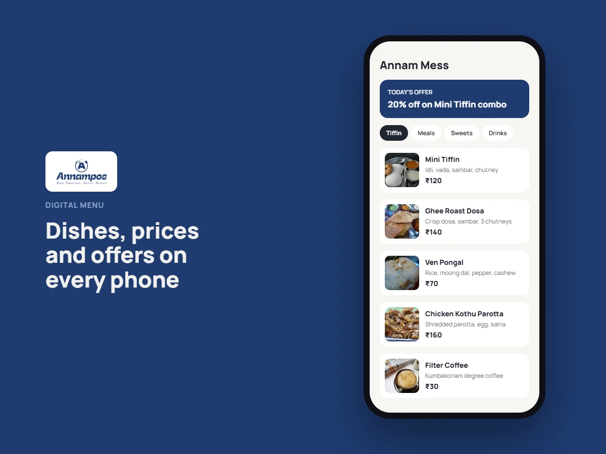 AnnamPOS digital menu on a smartphone with dishes and offers