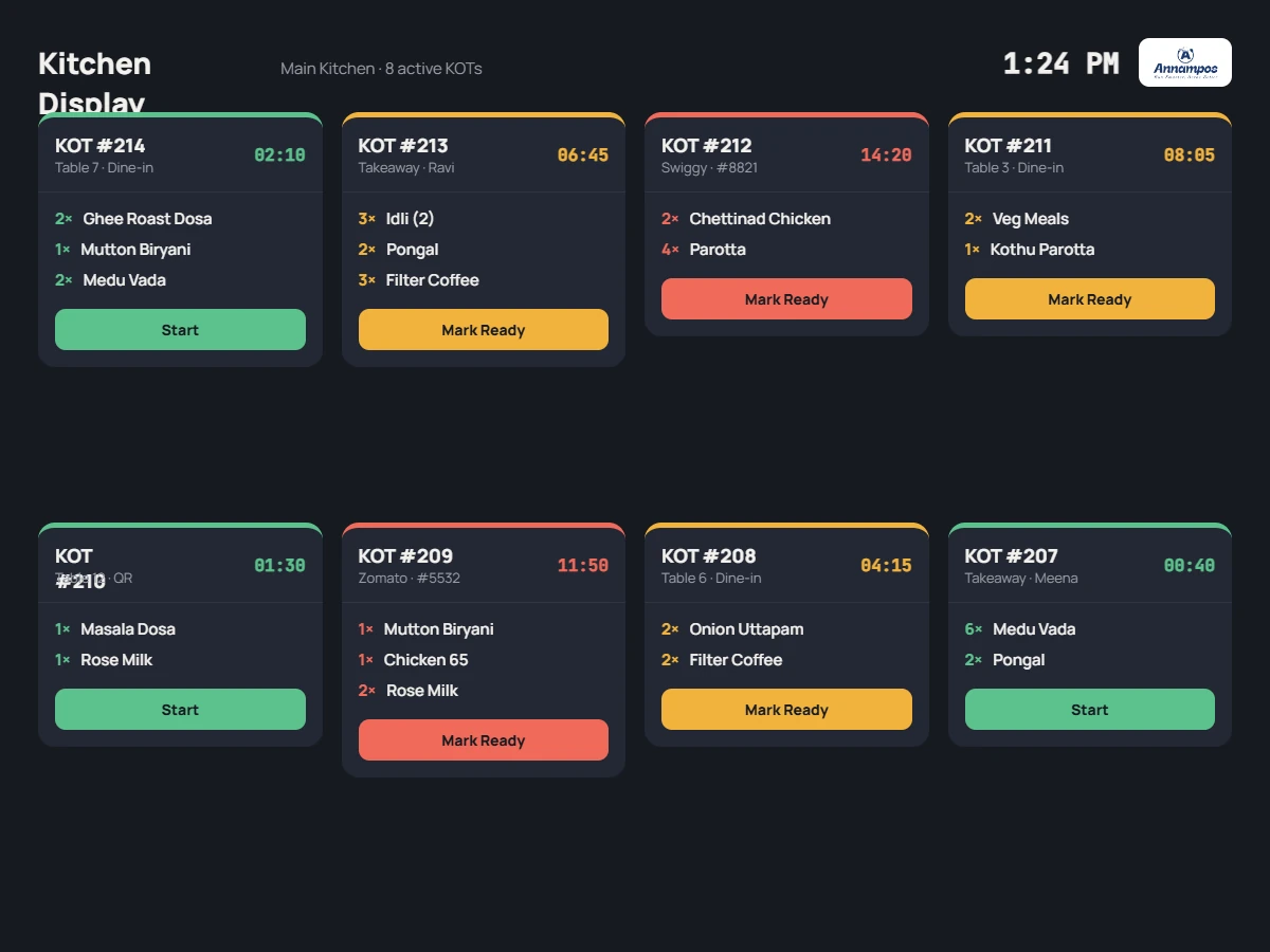 Kitchen display system showing KOT tickets