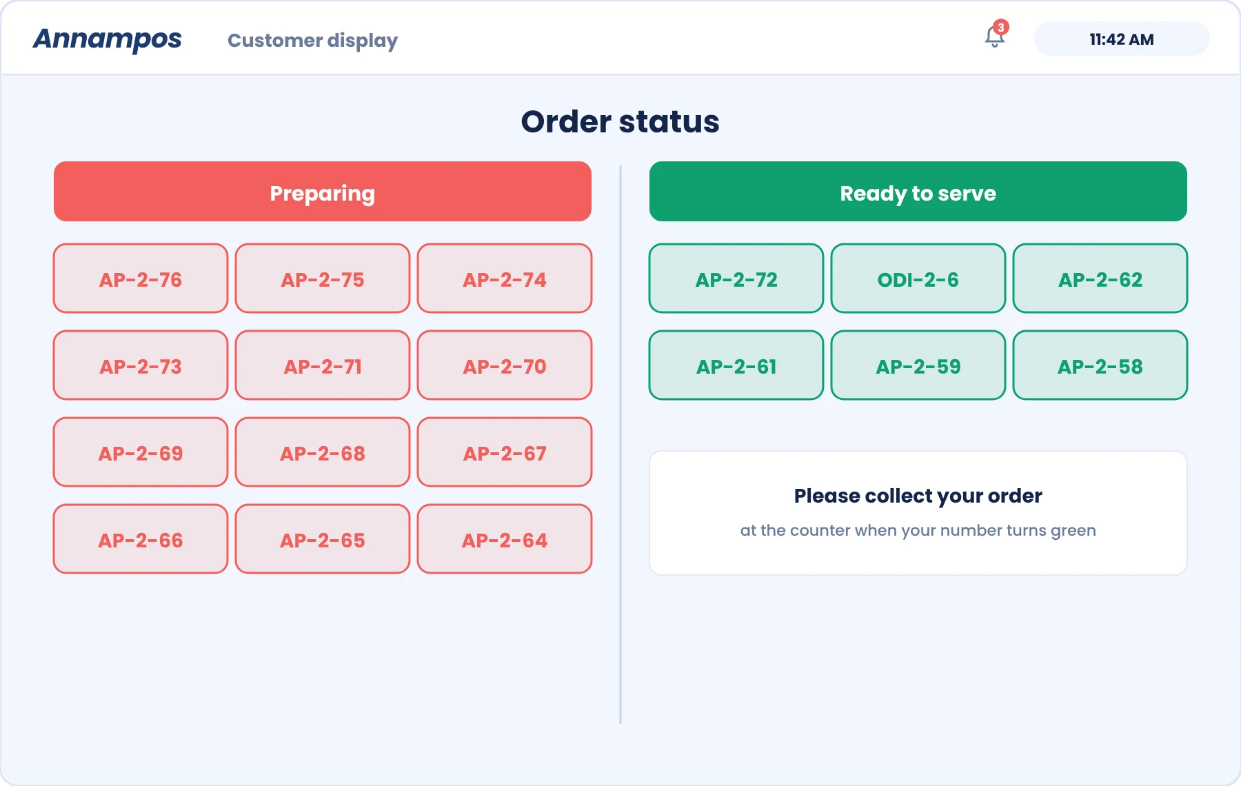 Customer display listing orders being prepared and orders ready to serve