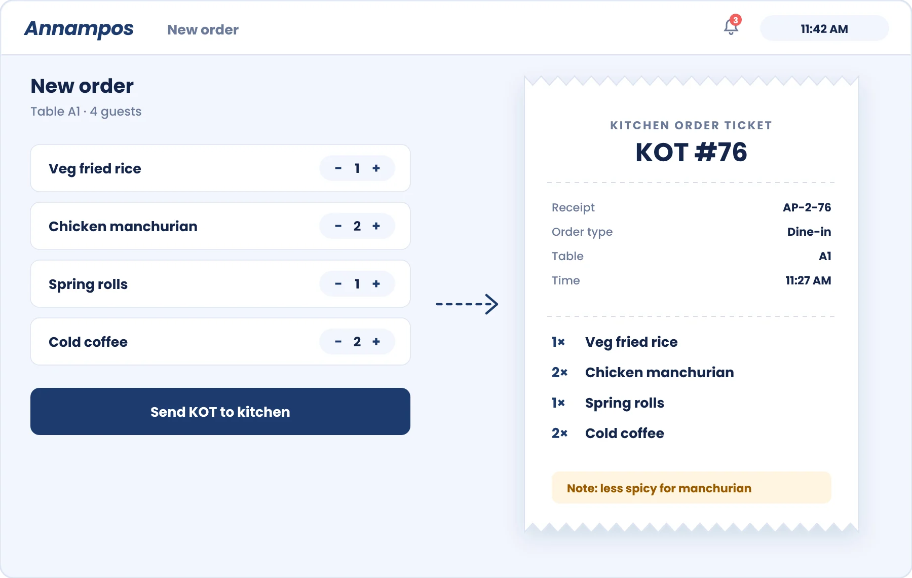 New order being sent to the kitchen as a kitchen order ticket (KOT)