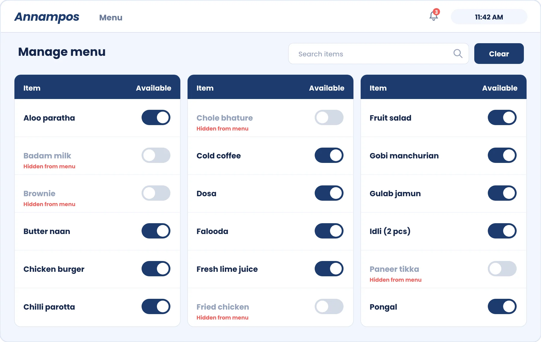 Manage menu screen with availability toggles for each item