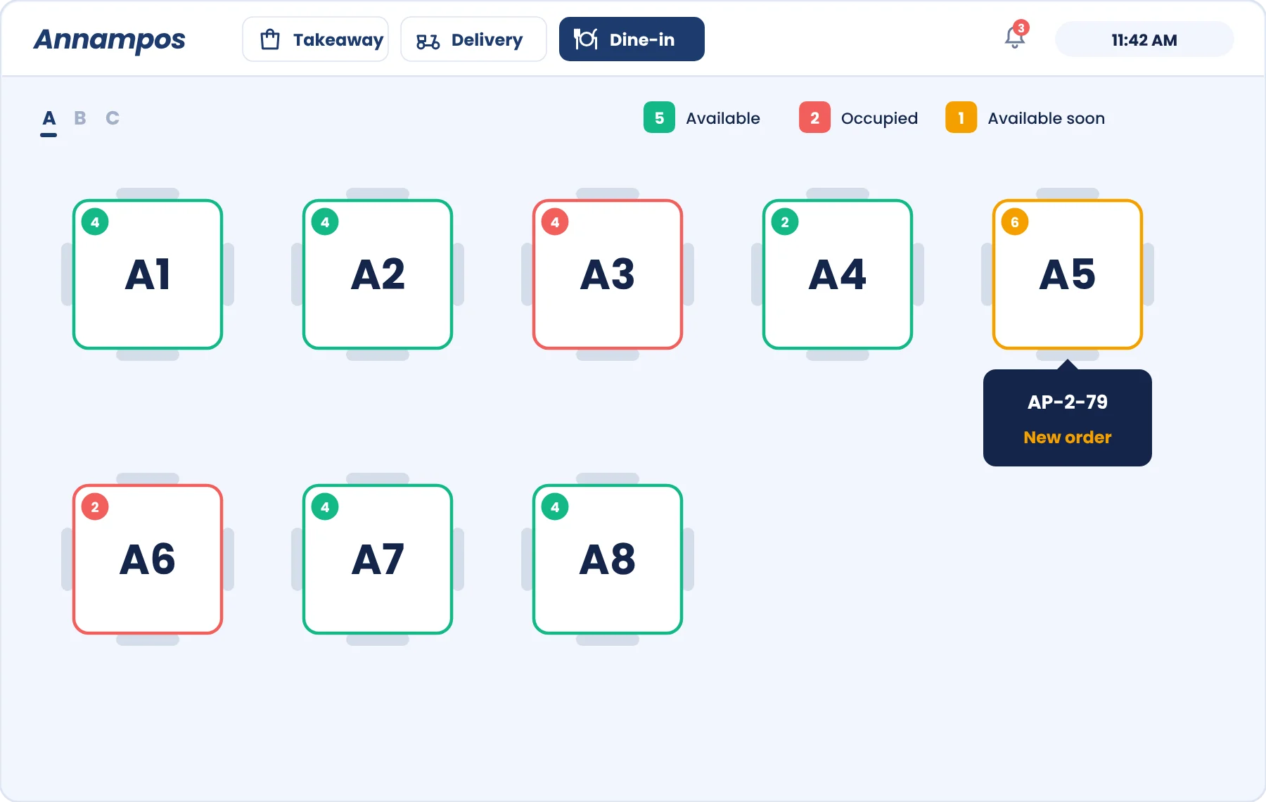 AnnamPOS dine-in order screen showing live table status: available, occupied and available soon